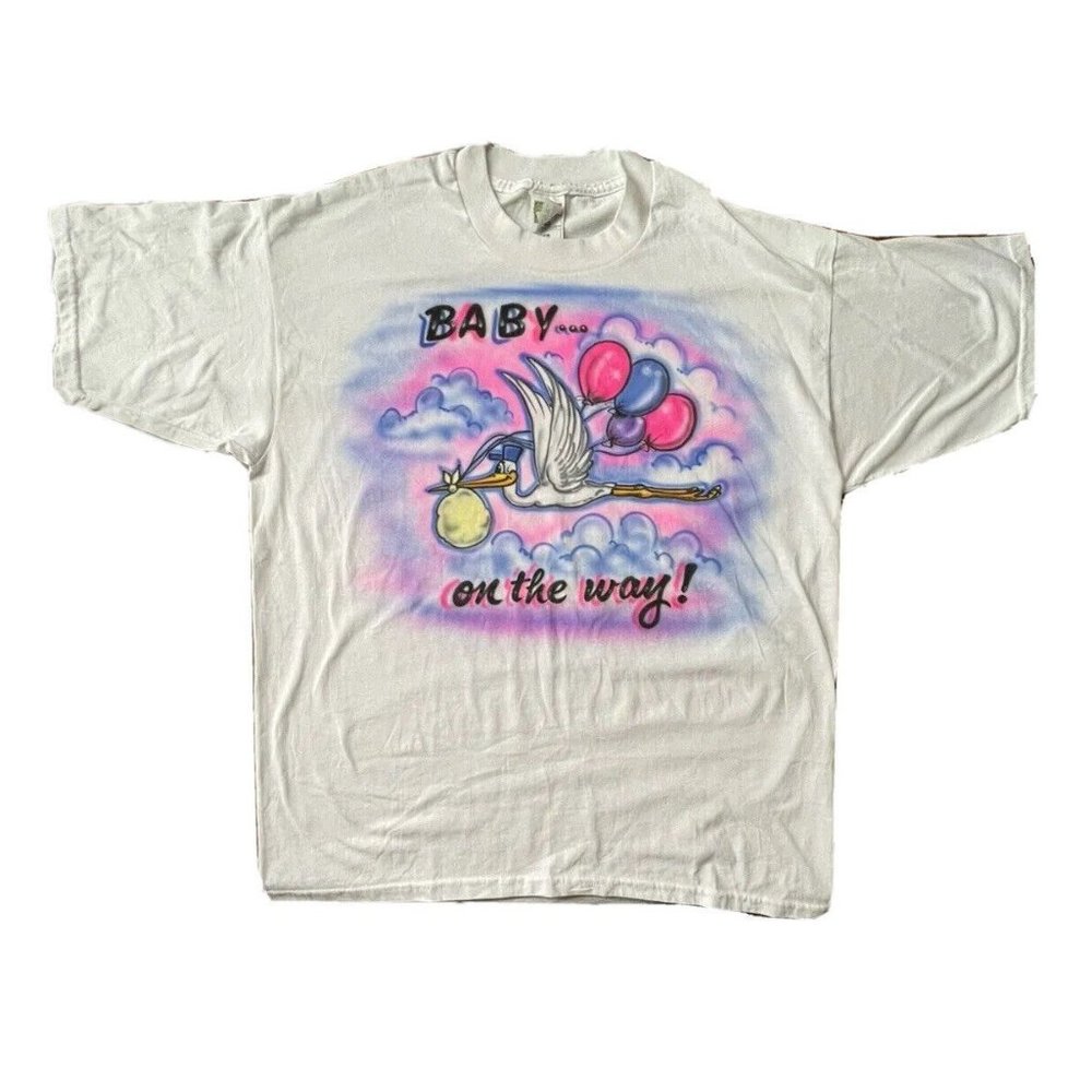 Vintage Custom Airbrushed T Shirt - Flying Stork with Baby "Baby on the Way" XL